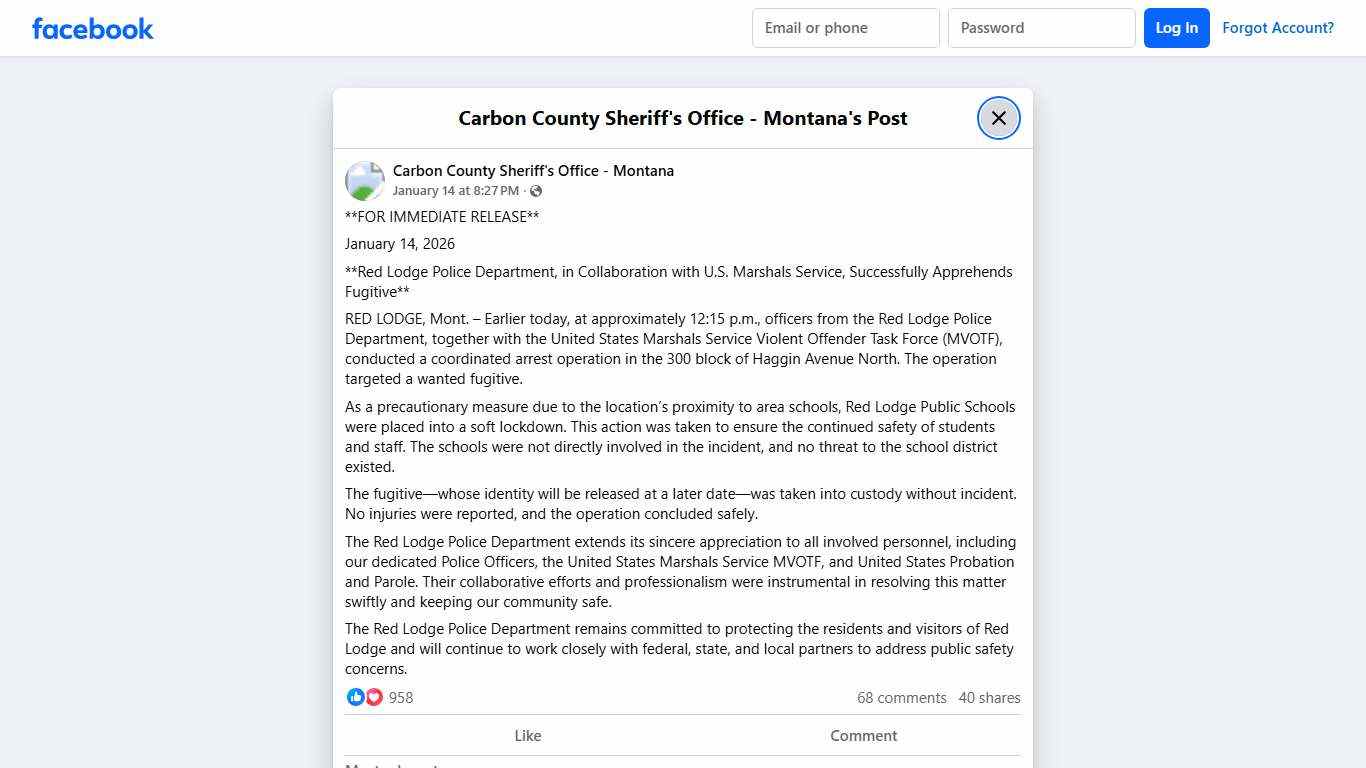 **FOR IMMEDIATE... - Carbon County Sheriff's Office - Montana Facebook
